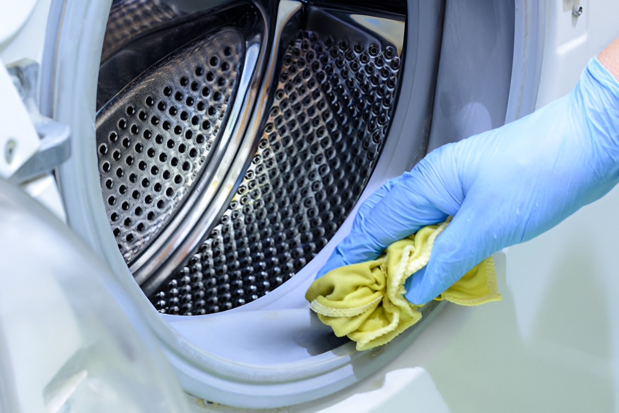 close-up of a hand in a blue glove wiping a washing machine with a yellow cloth