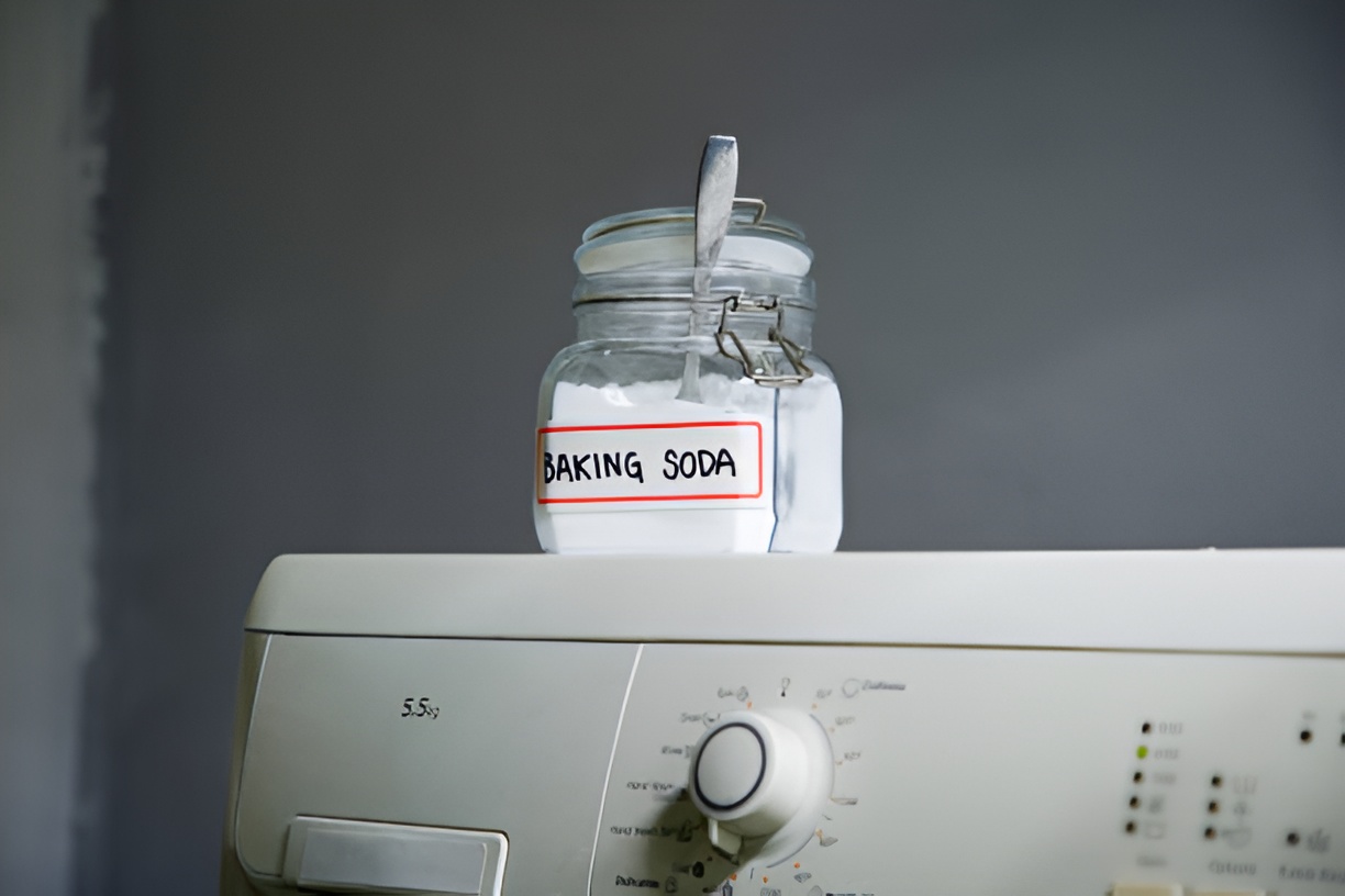 jar of baking soda on top of a washing machine