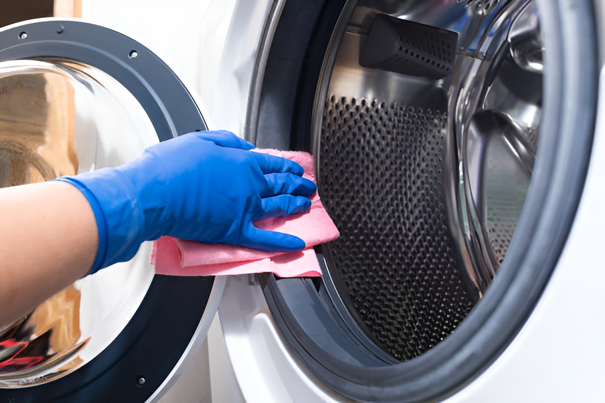 close-up of a hand in a blue glove wiping a washing machine